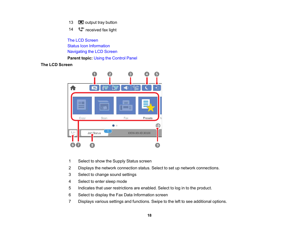 The lcd screen | Epson WorkForce Pro WF-7820 All-in-One Inkjet Printer User Manual | Page 18 / 393