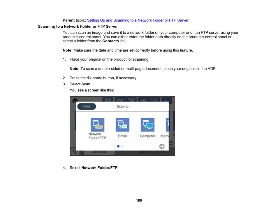 Scanning to a network folder or ftp server | Epson WorkForce Pro WF-7820 All-in-One Inkjet Printer User Manual | Page 180 / 393