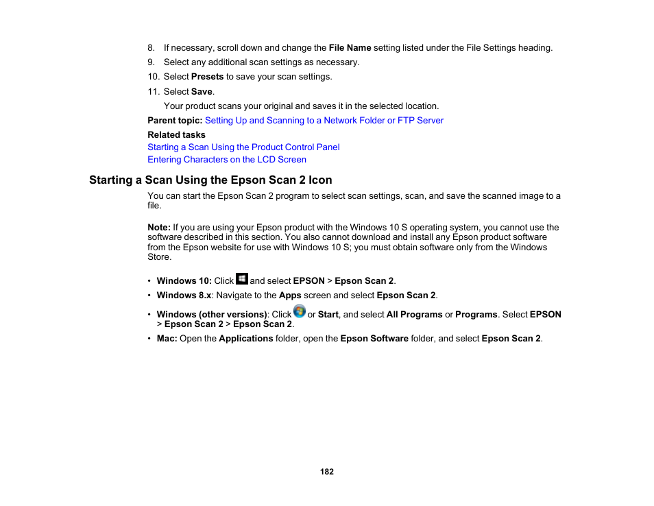 Starting a scan using the epson scan 2 icon | Epson WorkForce Pro WF-7820 All-in-One Inkjet Printer User Manual | Page 182 / 393