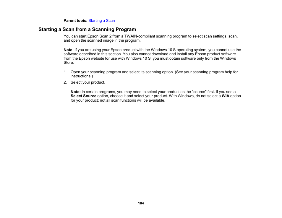 Starting a scan from a scanning program | Epson WorkForce Pro WF-7820 All-in-One Inkjet Printer User Manual | Page 184 / 393