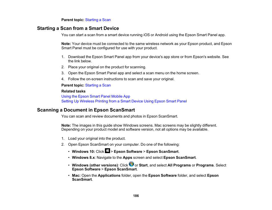 Starting a scan from a smart device, Scanning a document in epson scansmart | Epson WorkForce Pro WF-7820 All-in-One Inkjet Printer User Manual | Page 186 / 393