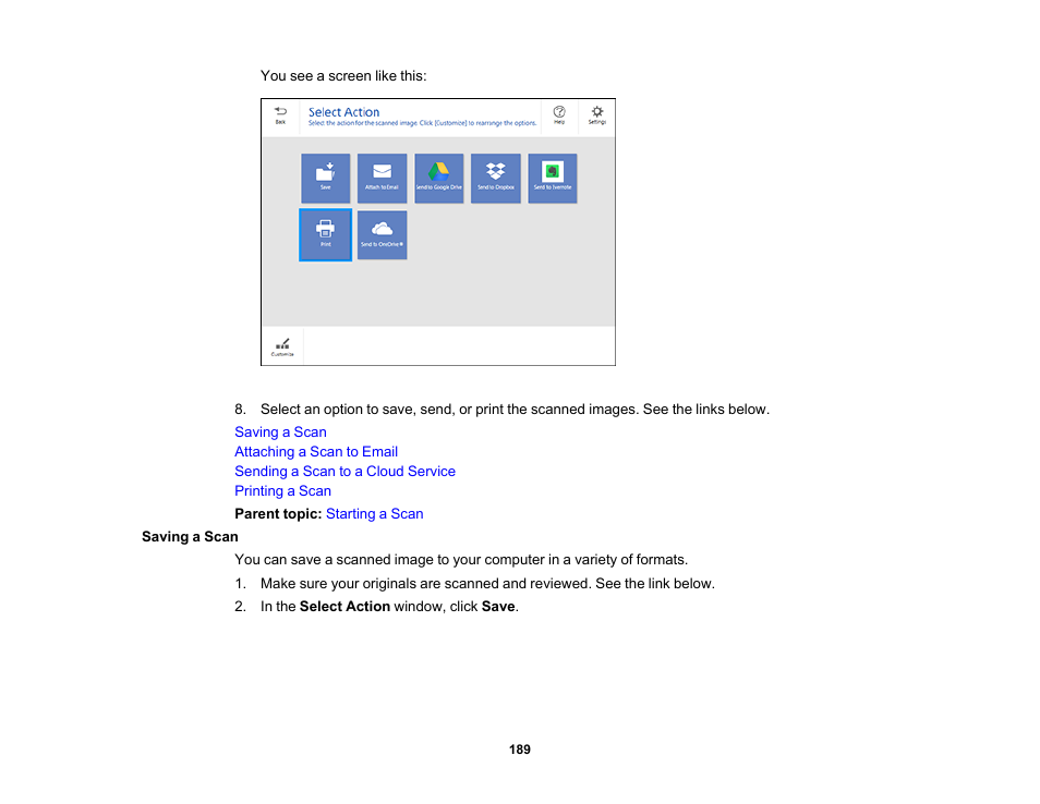 Saving a scan | Epson WorkForce Pro WF-7820 All-in-One Inkjet Printer User Manual | Page 189 / 393