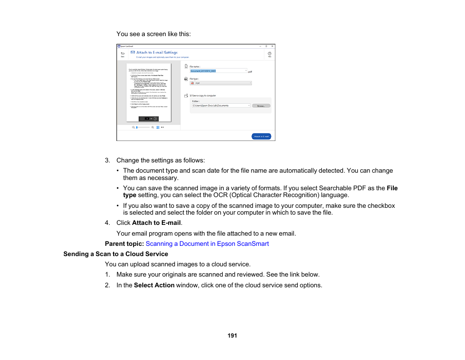 Sending a scan to a cloud service | Epson WorkForce Pro WF-7820 All-in-One Inkjet Printer User Manual | Page 191 / 393