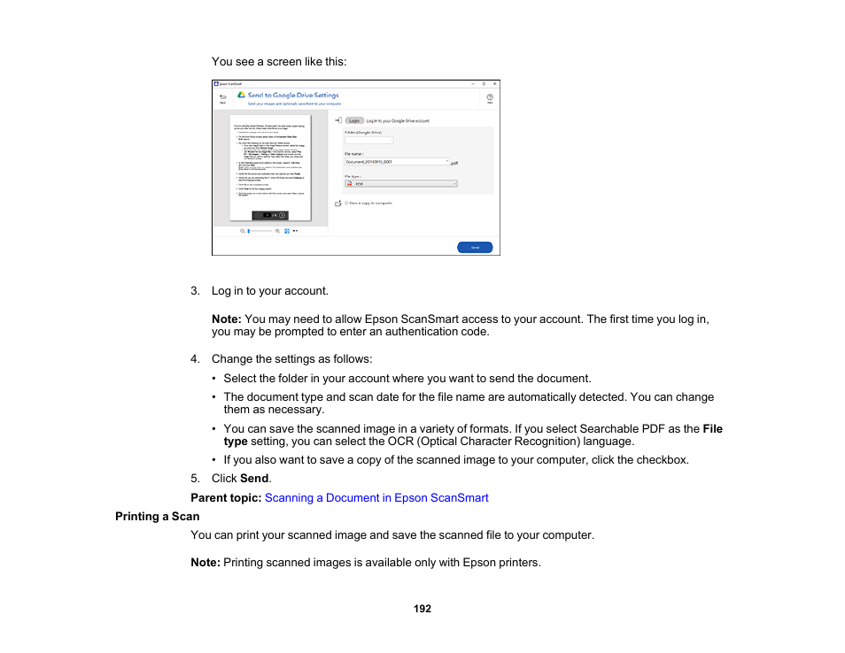 Printing a scan | Epson WorkForce Pro WF-7820 All-in-One Inkjet Printer User Manual | Page 192 / 393