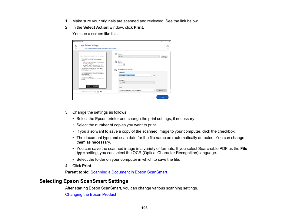 Selecting epson scansmart settings | Epson WorkForce Pro WF-7820 All-in-One Inkjet Printer User Manual | Page 193 / 393