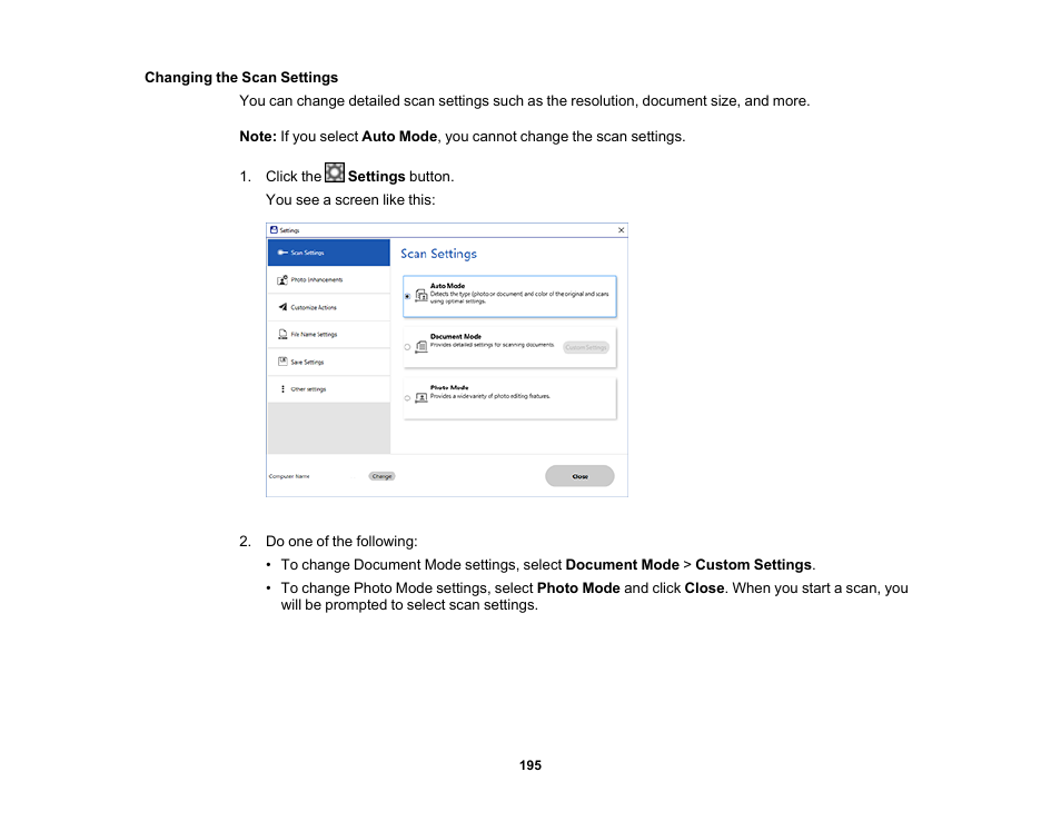 Changing the scan settings | Epson WorkForce Pro WF-7820 All-in-One Inkjet Printer User Manual | Page 195 / 393