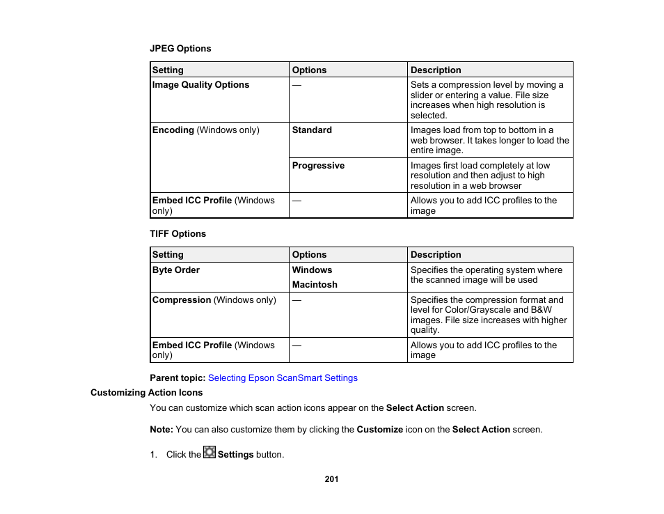 Customizing action icons | Epson WorkForce Pro WF-7820 All-in-One Inkjet Printer User Manual | Page 201 / 393