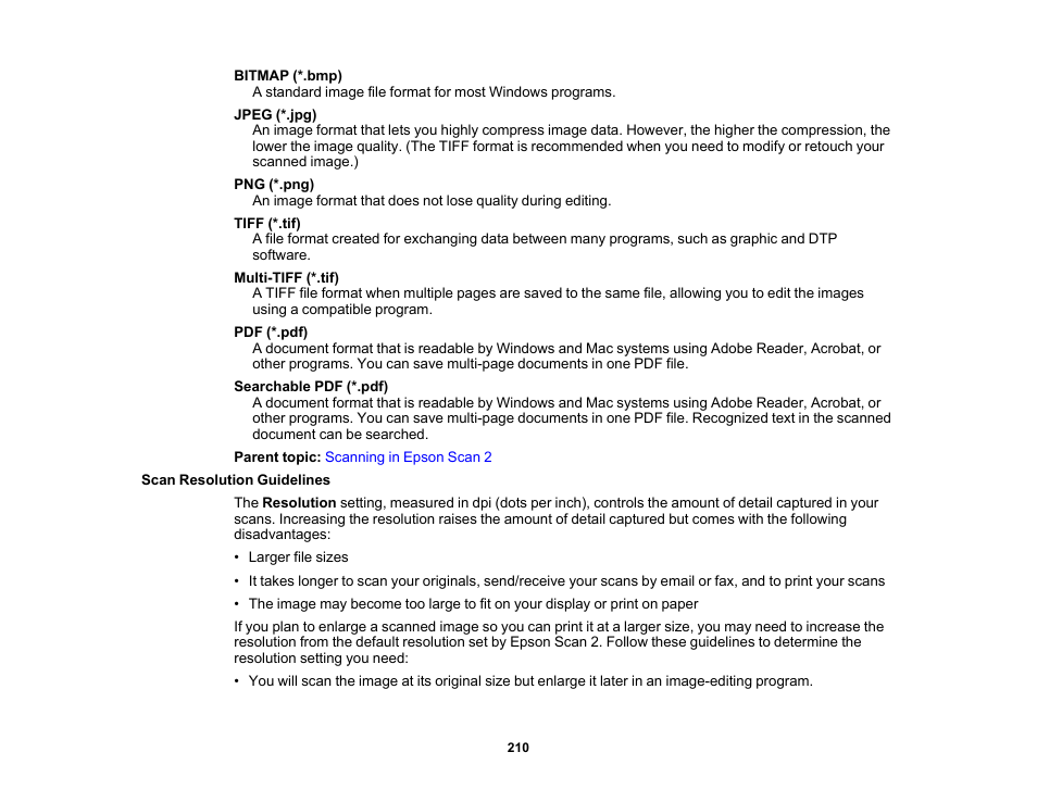 Scan resolution guidelines | Epson WorkForce Pro WF-7820 All-in-One Inkjet Printer User Manual | Page 210 / 393