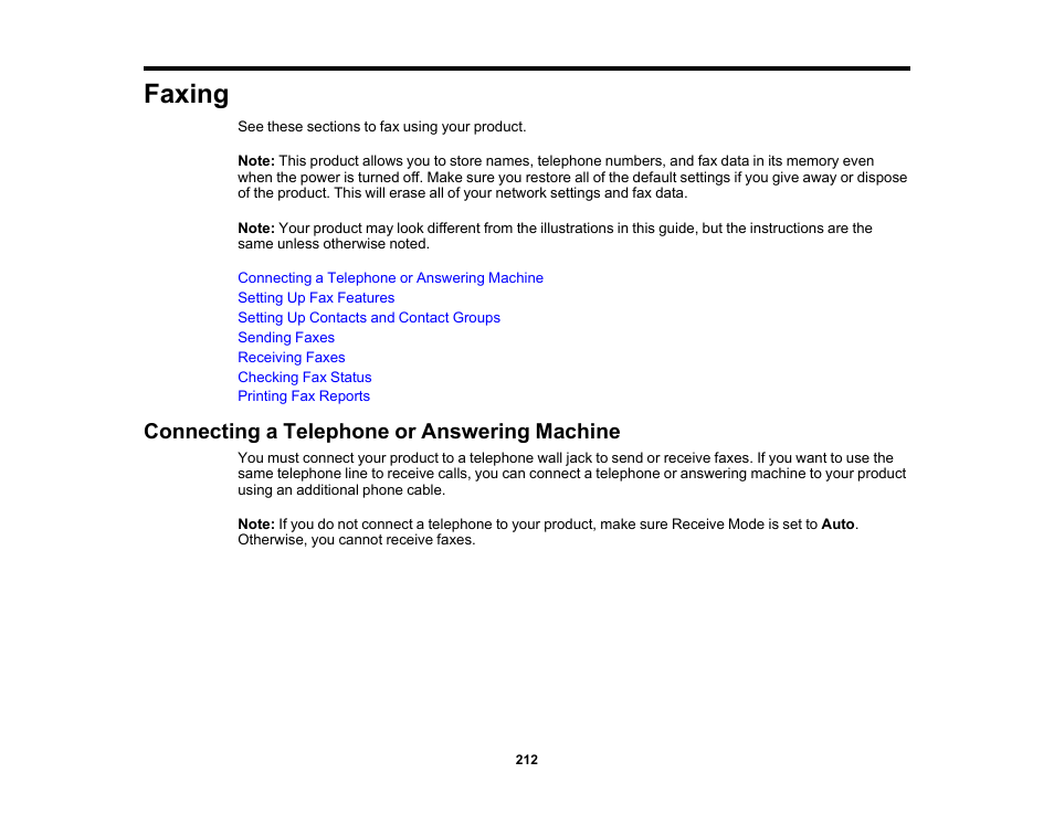 Faxing, Connecting a telephone or answering machine | Epson WorkForce Pro WF-7820 All-in-One Inkjet Printer User Manual | Page 212 / 393