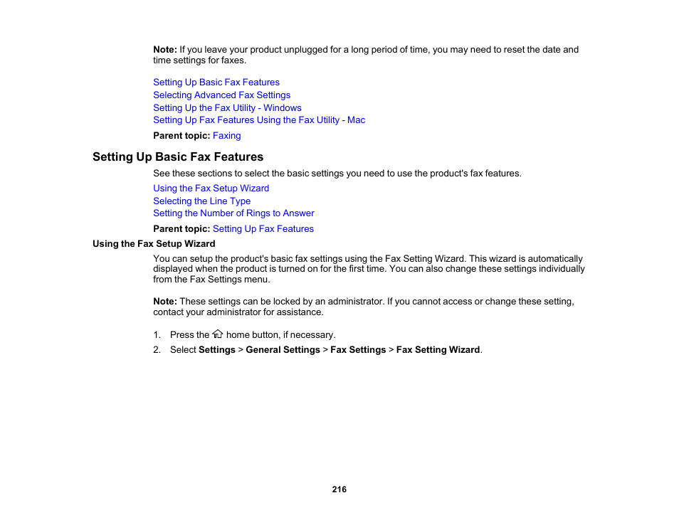 Setting up basic fax features, Using the fax setup wizard | Epson WorkForce Pro WF-7820 All-in-One Inkjet Printer User Manual | Page 216 / 393