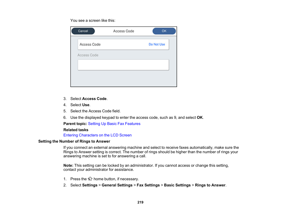 Setting the number of rings to answer | Epson WorkForce Pro WF-7820 All-in-One Inkjet Printer User Manual | Page 219 / 393