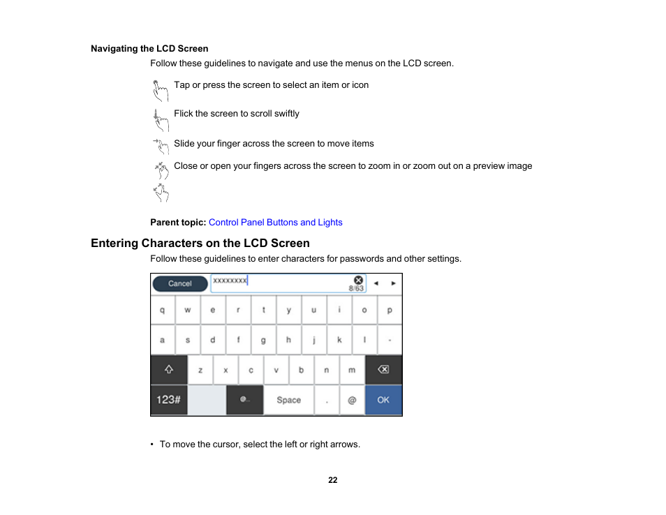 Navigating the lcd screen, Entering characters on the lcd screen | Epson WorkForce Pro WF-7820 All-in-One Inkjet Printer User Manual | Page 22 / 393