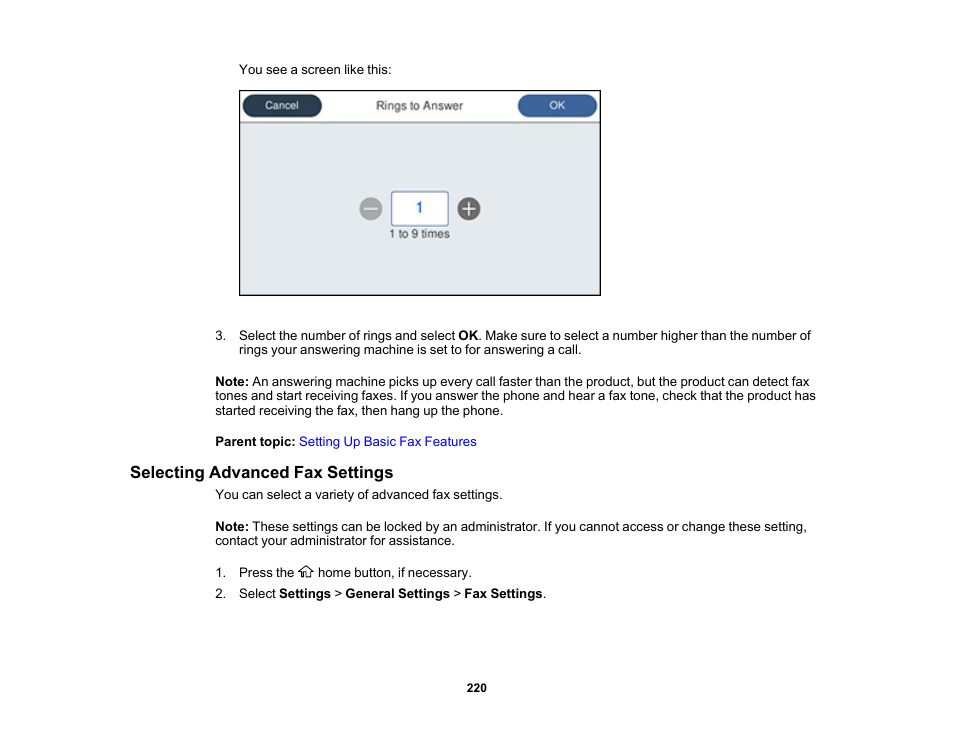 Selecting advanced fax settings | Epson WorkForce Pro WF-7820 All-in-One Inkjet Printer User Manual | Page 220 / 393
