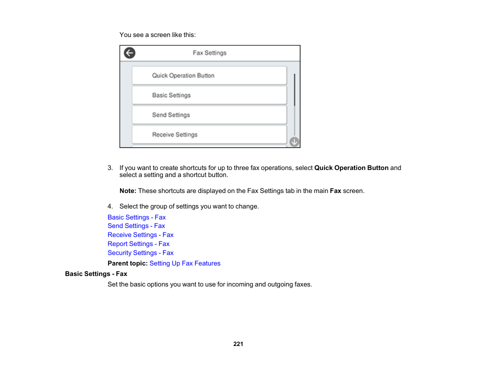 Basic settings - fax | Epson WorkForce Pro WF-7820 All-in-One Inkjet Printer User Manual | Page 221 / 393