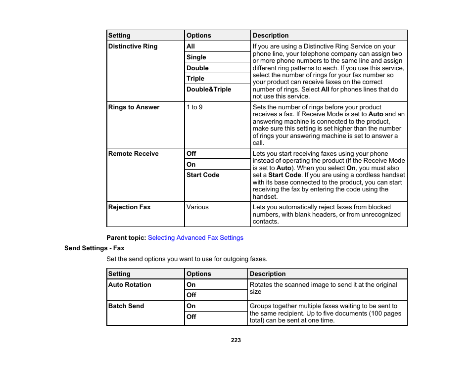 Send settings - fax | Epson WorkForce Pro WF-7820 All-in-One Inkjet Printer User Manual | Page 223 / 393