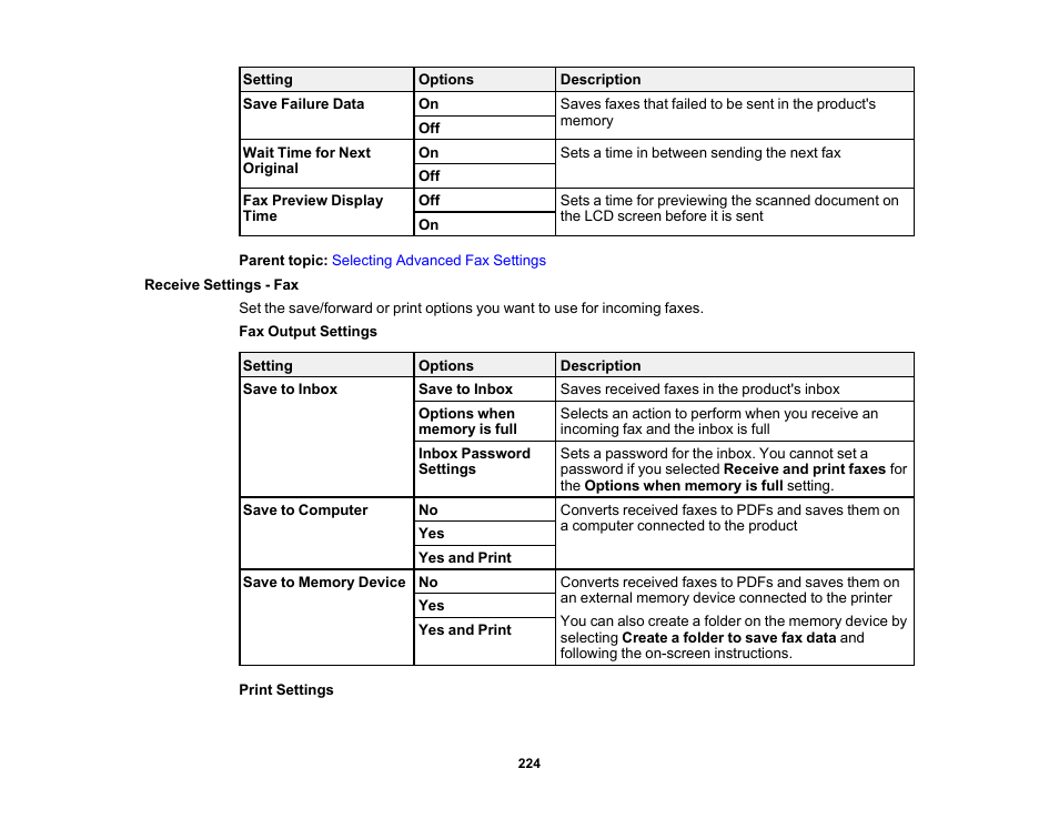Receive settings - fax | Epson WorkForce Pro WF-7820 All-in-One Inkjet Printer User Manual | Page 224 / 393