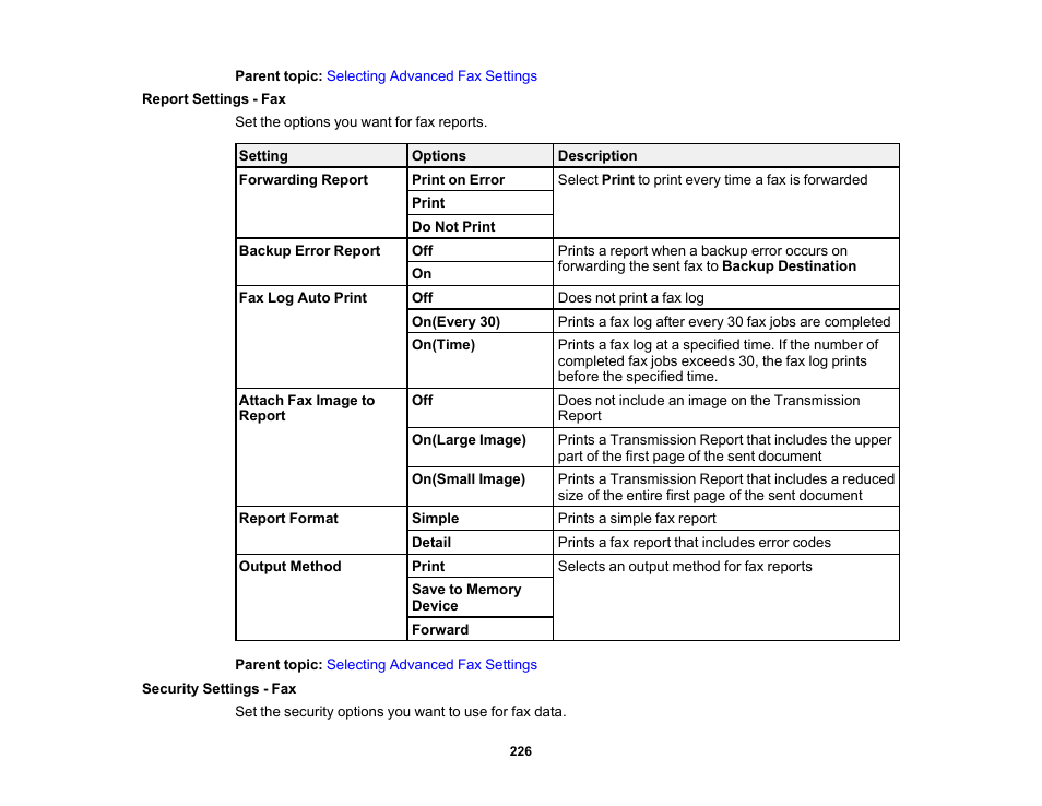 Report settings - fax, Security settings - fax, Report settings - fax security settings - fax | Epson WorkForce Pro WF-7820 All-in-One Inkjet Printer User Manual | Page 226 / 393