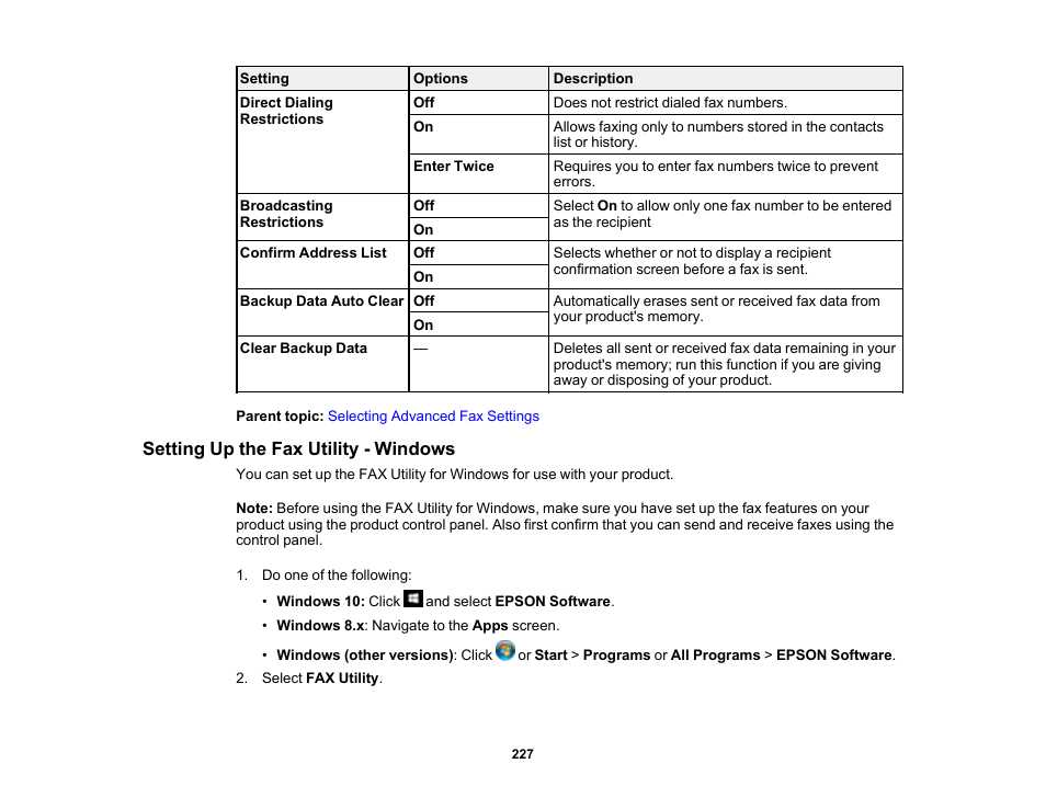 Setting up the fax utility - windows | Epson WorkForce Pro WF-7820 All-in-One Inkjet Printer User Manual | Page 227 / 393