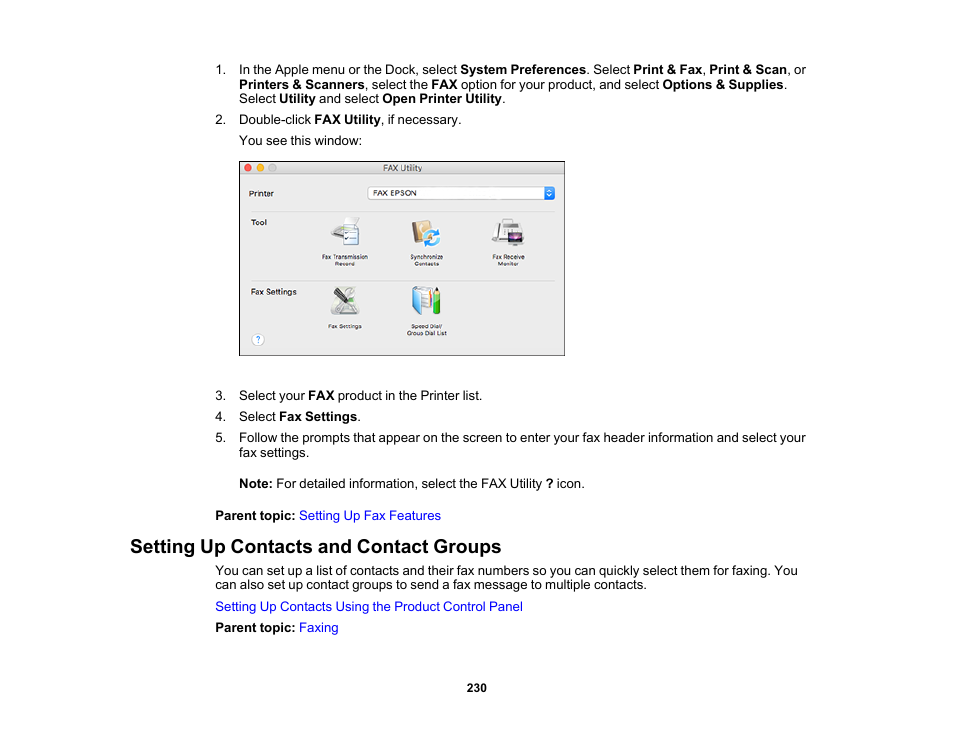 Setting up contacts and contact groups | Epson WorkForce Pro WF-7820 All-in-One Inkjet Printer User Manual | Page 230 / 393