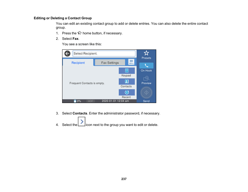 Editing or deleting a contact group | Epson WorkForce Pro WF-7820 All-in-One Inkjet Printer User Manual | Page 237 / 393