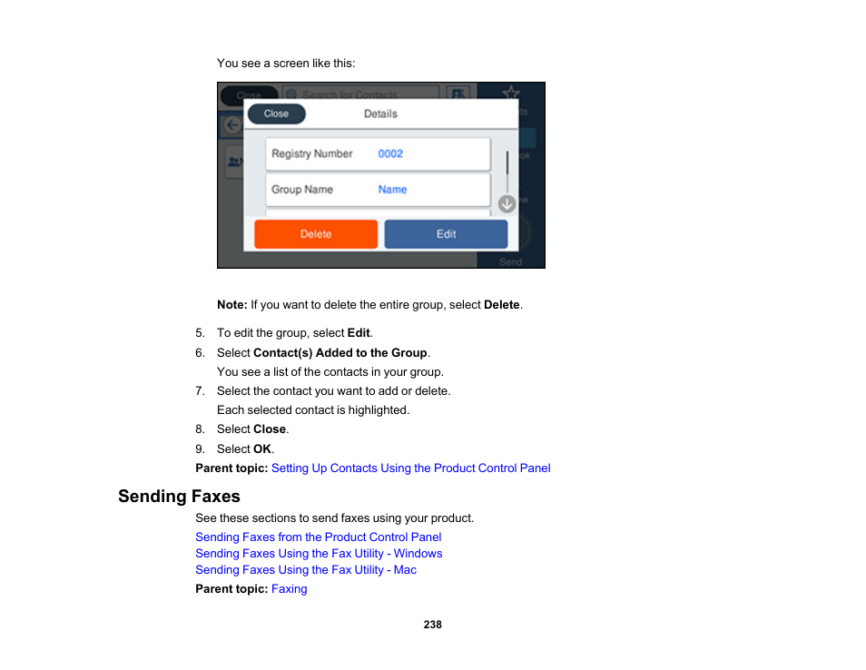 Sending faxes | Epson WorkForce Pro WF-7820 All-in-One Inkjet Printer User Manual | Page 238 / 393