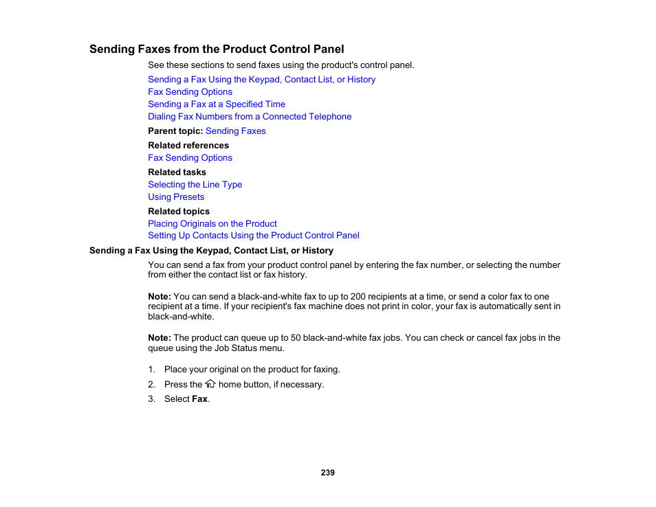 Sending faxes from the product control panel | Epson WorkForce Pro WF-7820 All-in-One Inkjet Printer User Manual | Page 239 / 393