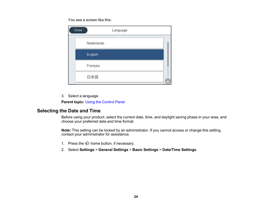 Selecting the date and time | Epson WorkForce Pro WF-7820 All-in-One Inkjet Printer User Manual | Page 24 / 393