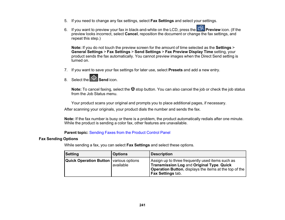 Fax sending options | Epson WorkForce Pro WF-7820 All-in-One Inkjet Printer User Manual | Page 241 / 393