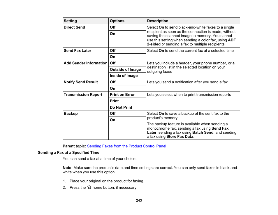 Sending a fax at a specified time | Epson WorkForce Pro WF-7820 All-in-One Inkjet Printer User Manual | Page 243 / 393