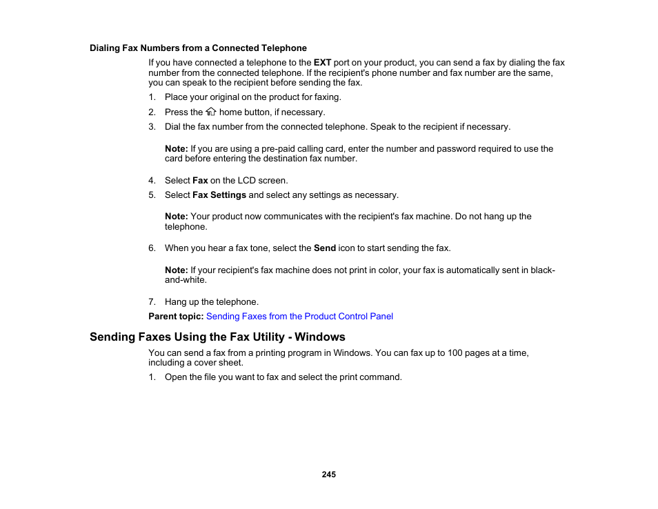 Dialing fax numbers from a connected telephone, Sending faxes using the fax utility - windows | Epson WorkForce Pro WF-7820 All-in-One Inkjet Printer User Manual | Page 245 / 393
