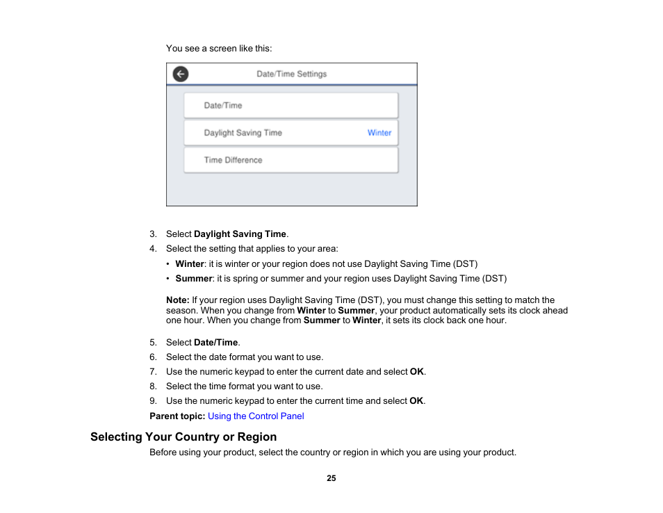Selecting your country or region | Epson WorkForce Pro WF-7820 All-in-One Inkjet Printer User Manual | Page 25 / 393