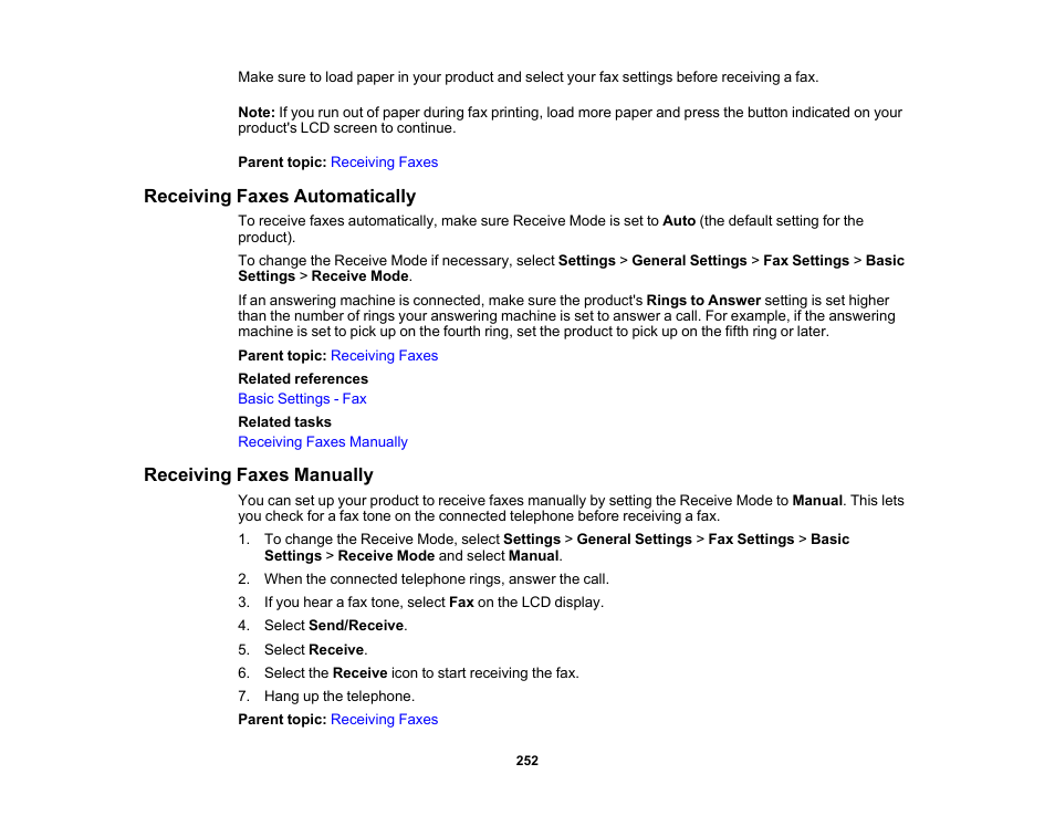 Receiving faxes automatically, Receiving faxes manually | Epson WorkForce Pro WF-7820 All-in-One Inkjet Printer User Manual | Page 252 / 393