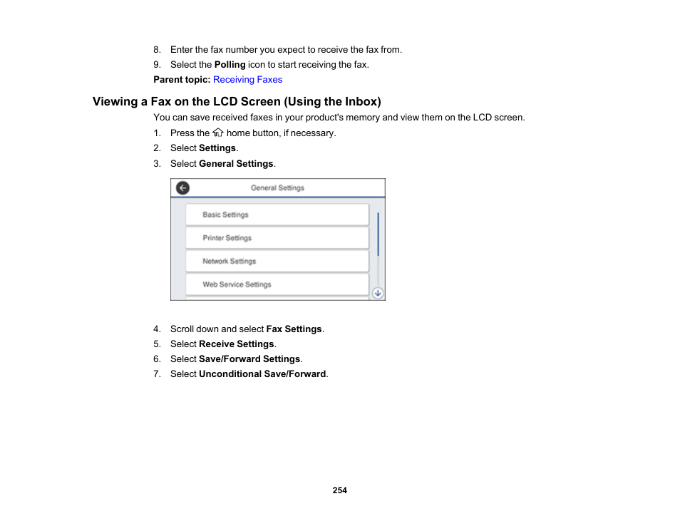 Viewing a fax on the lcd screen (using the inbox) | Epson WorkForce Pro WF-7820 All-in-One Inkjet Printer User Manual | Page 254 / 393