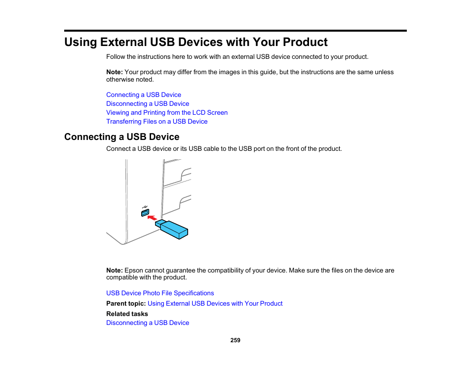 Using external usb devices with your product, Connecting a usb device | Epson WorkForce Pro WF-7820 All-in-One Inkjet Printer User Manual | Page 259 / 393