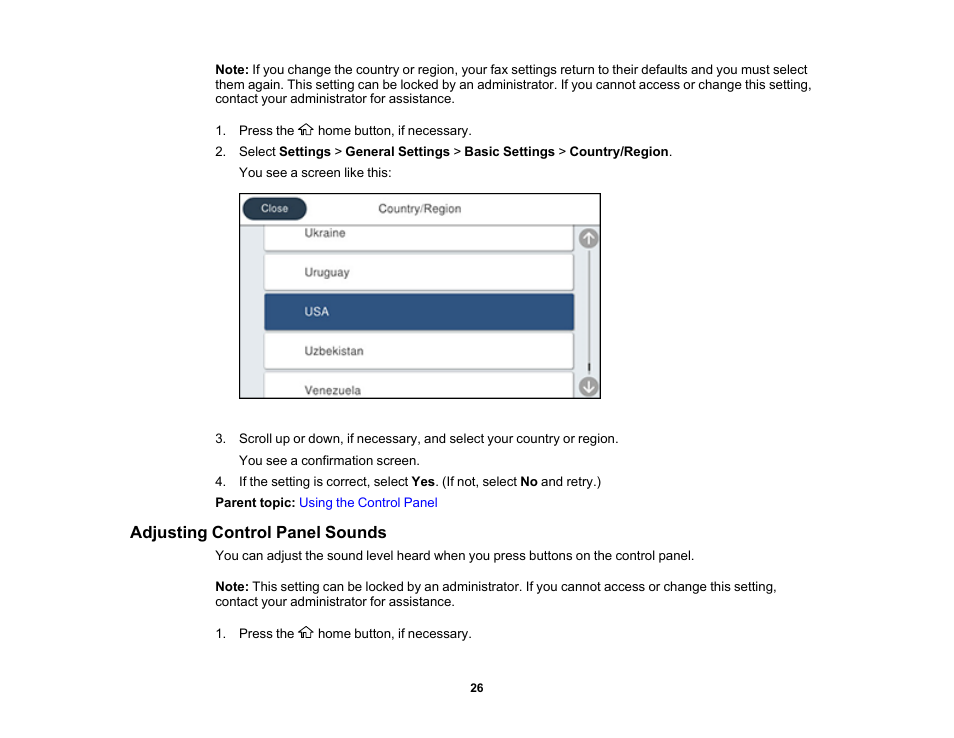 Adjusting control panel sounds | Epson WorkForce Pro WF-7820 All-in-One Inkjet Printer User Manual | Page 26 / 393