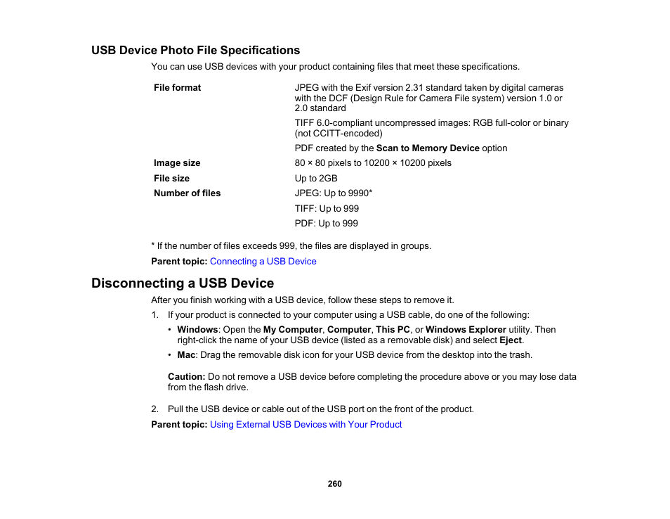 Usb device photo file specifications, Disconnecting a usb device | Epson WorkForce Pro WF-7820 All-in-One Inkjet Printer User Manual | Page 260 / 393