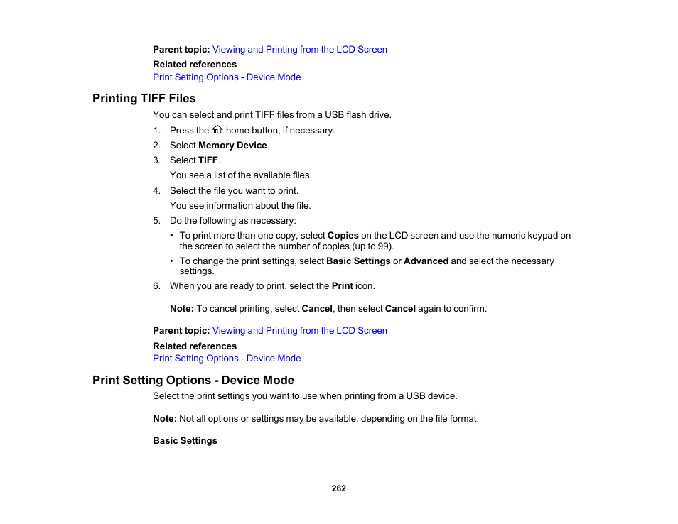 Printing tiff files, Print setting options - device mode | Epson WorkForce Pro WF-7820 All-in-One Inkjet Printer User Manual | Page 262 / 393