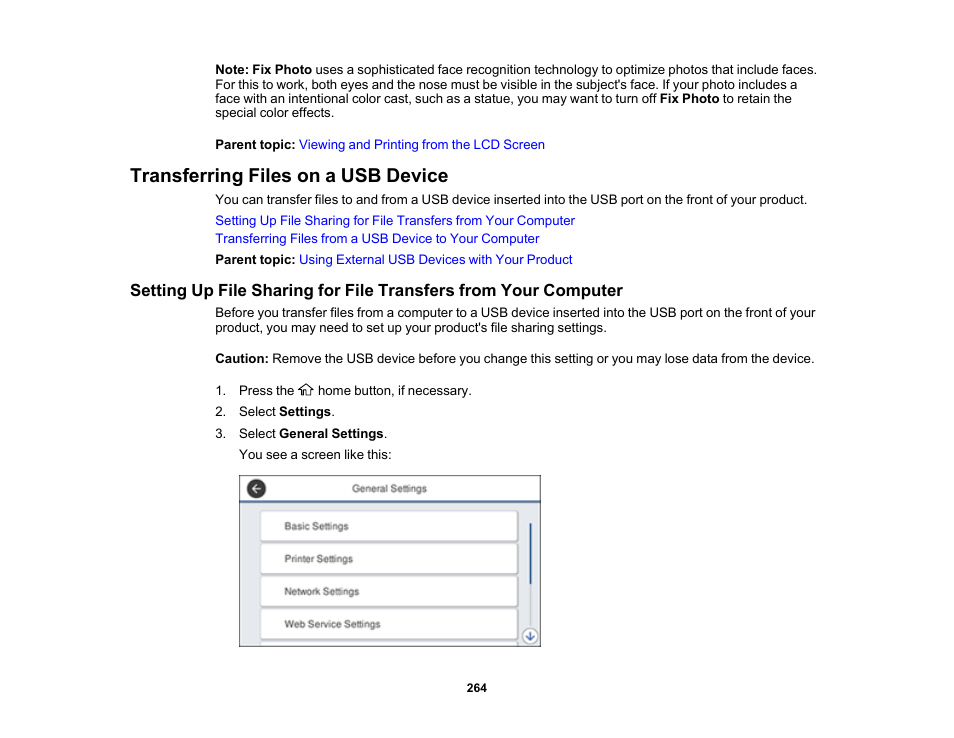 Transferring files on a usb device | Epson WorkForce Pro WF-7820 All-in-One Inkjet Printer User Manual | Page 264 / 393