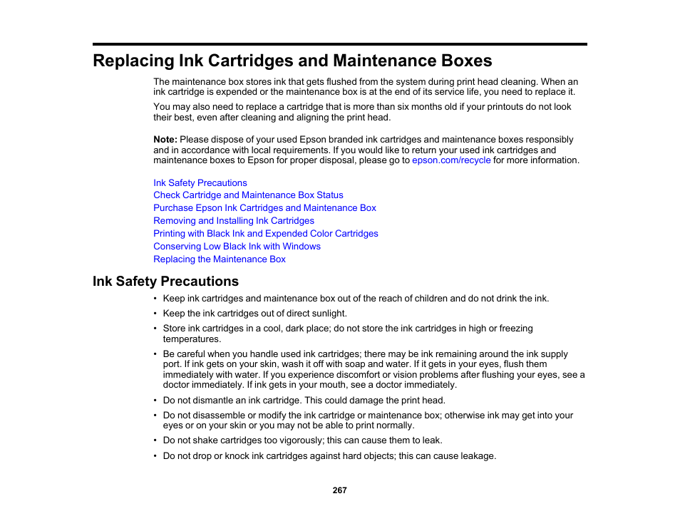 Replacing ink cartridges and maintenance boxes, Ink safety precautions | Epson WorkForce Pro WF-7820 All-in-One Inkjet Printer User Manual | Page 267 / 393