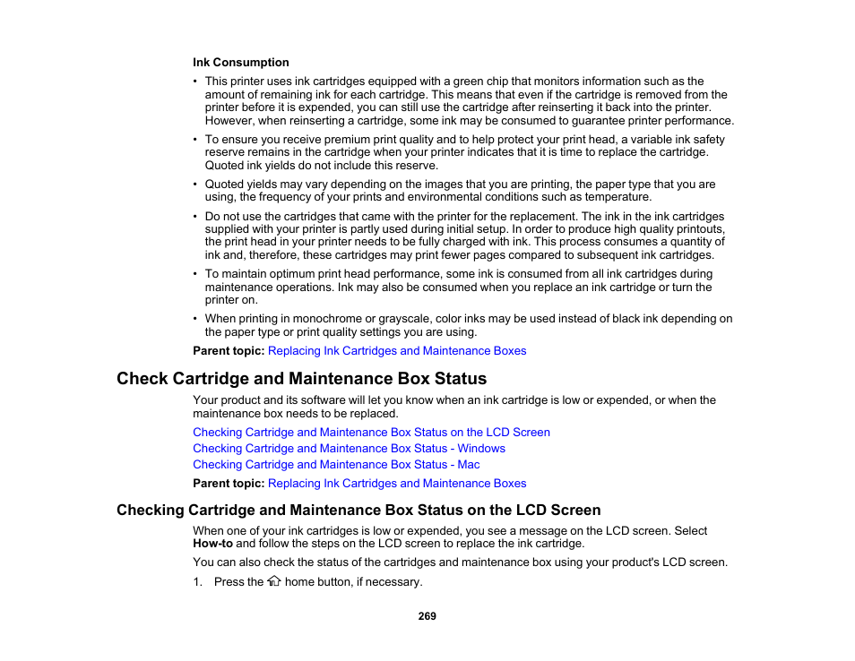 Check cartridge and maintenance box status | Epson WorkForce Pro WF-7820 All-in-One Inkjet Printer User Manual | Page 269 / 393