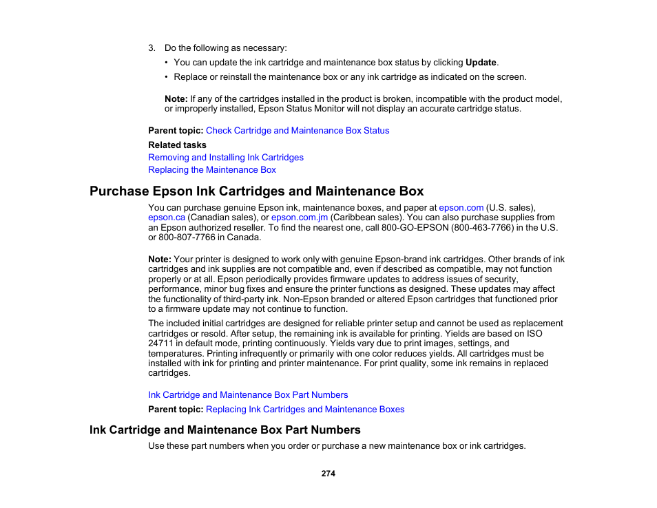 Purchase epson ink cartridges and maintenance box, Ink cartridge and maintenance box part numbers | Epson WorkForce Pro WF-7820 All-in-One Inkjet Printer User Manual | Page 274 / 393