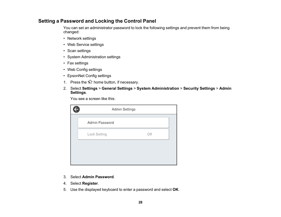 Setting a password and locking the control panel | Epson WorkForce Pro WF-7820 All-in-One Inkjet Printer User Manual | Page 28 / 393