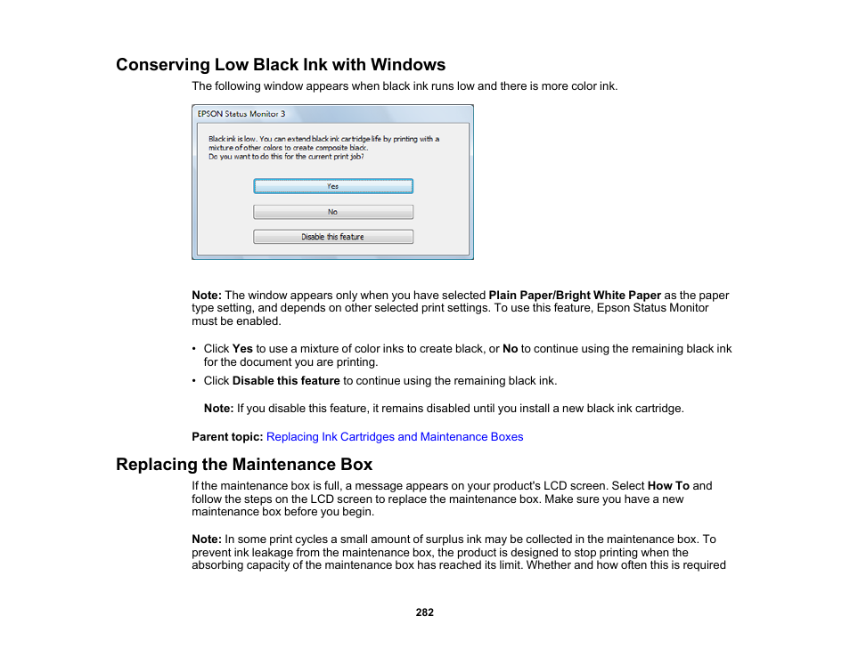 Conserving low black ink with windows, Replacing the maintenance box | Epson WorkForce Pro WF-7820 All-in-One Inkjet Printer User Manual | Page 282 / 393