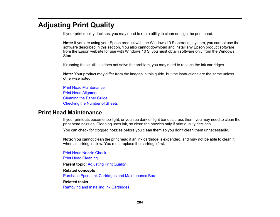 Adjusting print quality, Print head maintenance | Epson WorkForce Pro WF-7820 All-in-One Inkjet Printer User Manual | Page 284 / 393
