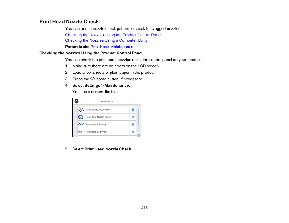 Print head nozzle check | Epson WorkForce Pro WF-7820 All-in-One Inkjet Printer User Manual | Page 285 / 393
