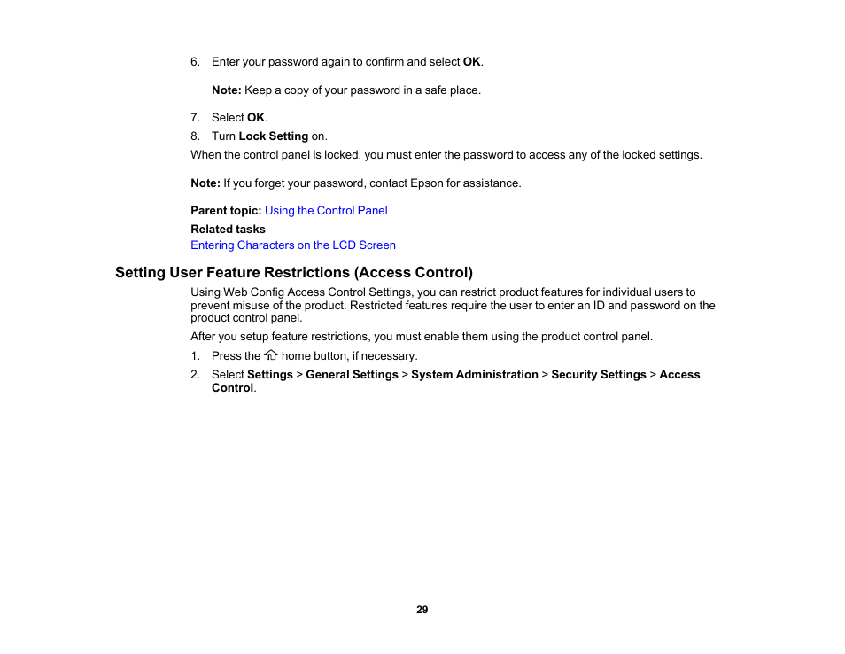 Setting user feature restrictions (access control) | Epson WorkForce Pro WF-7820 All-in-One Inkjet Printer User Manual | Page 29 / 393