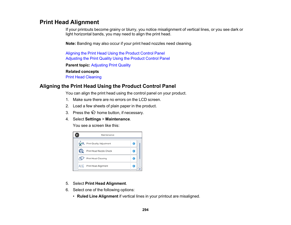 Print head alignment | Epson WorkForce Pro WF-7820 All-in-One Inkjet Printer User Manual | Page 294 / 393