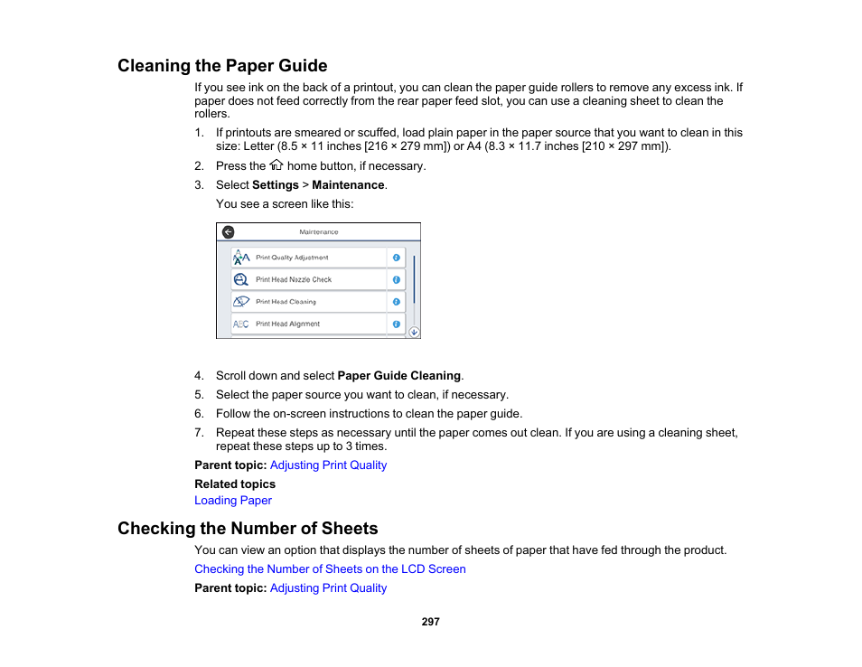 Cleaning the paper guide, Checking the number of sheets | Epson WorkForce Pro WF-7820 All-in-One Inkjet Printer User Manual | Page 297 / 393