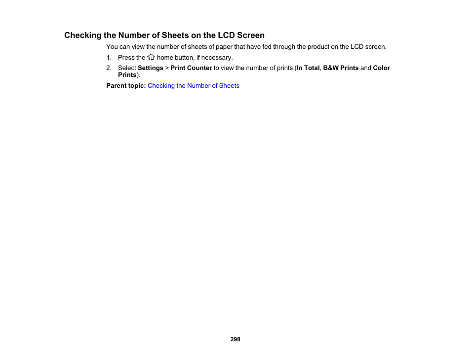 Checking the number of sheets on the lcd screen | Epson WorkForce Pro WF-7820 All-in-One Inkjet Printer User Manual | Page 298 / 393