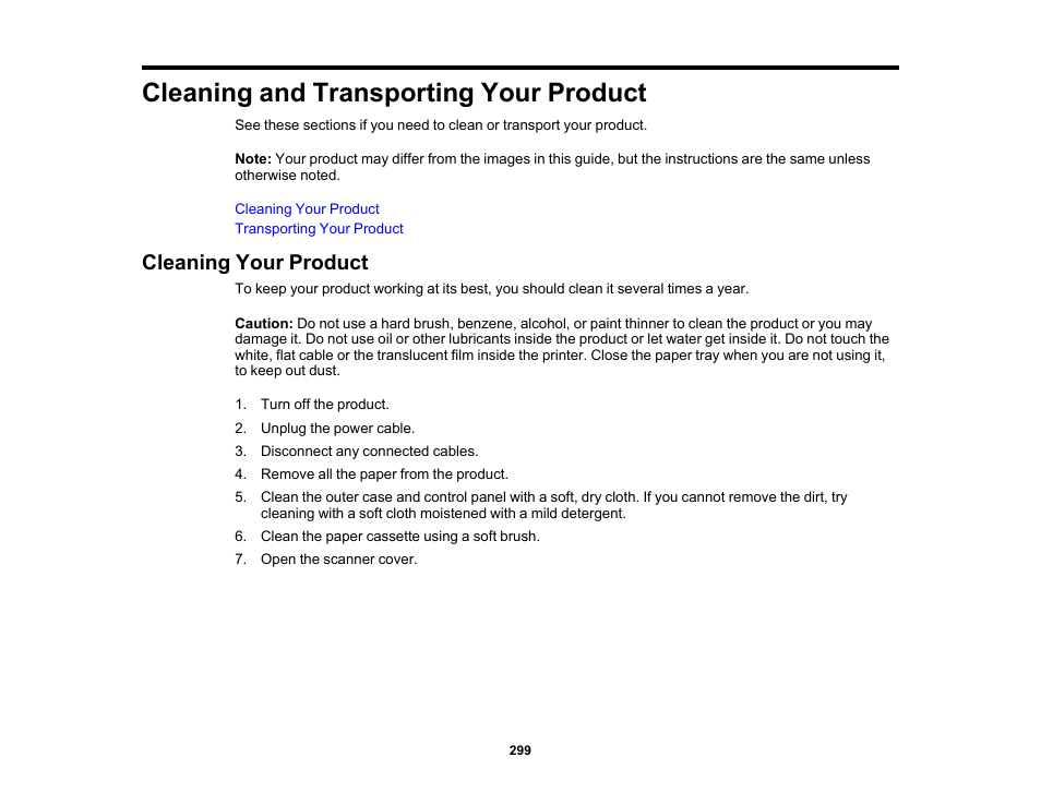 Cleaning and transporting your product, Cleaning your product | Epson WorkForce Pro WF-7820 All-in-One Inkjet Printer User Manual | Page 299 / 393